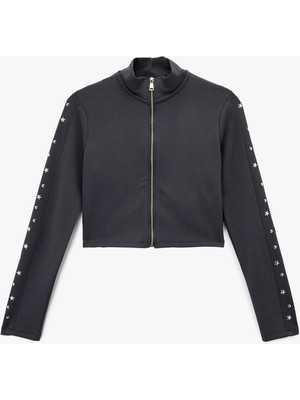 Koton Slim Fit Fermuarlı Uzun Kollu Dik Yaka Yıldız ve Zımba Detaylı Crop Hırka