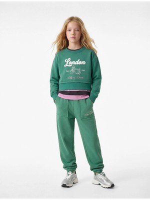 Şardonlu Uzun Kollu Bisiklet Yaka Baskılı Sweatshirt