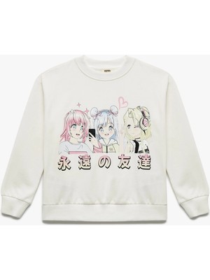 Uzun Kollu Bisiklet Yaka Pamuklu Anime Baskılı Sweatshirt