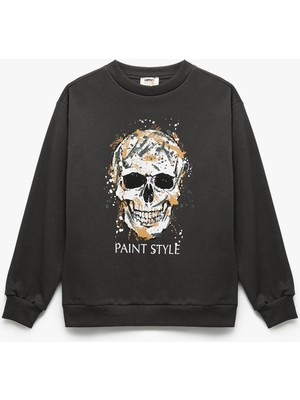 Pamuklu Uzun Kollu Bisiklet Yaka Baskılı Şardonlu Sweatshirt