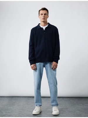 Uzun Kollu Düğmeli Polo Yaka Triko Kazak