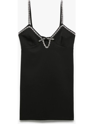 Koton Kurdele Detaylı Kalp Yaka Ince Askılı Taşlı Mini Elbise