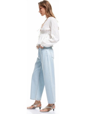 Koton Pamuklu Düğmeli Cepli Normal Bel Crop Geniş Paça Jean Pantolon - Wide Leg Jean