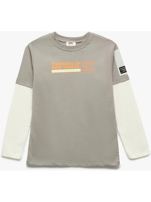 Renk Bloklu Bisiklet Yaka Baskılı Pamuklu Uzun Kollu Oversize Tişört