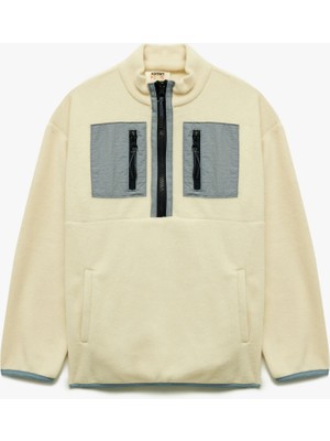 Cep Detaylı Uzun Kollu Dik Yaka Yarım Fermuarlı Polar Sweatshirt