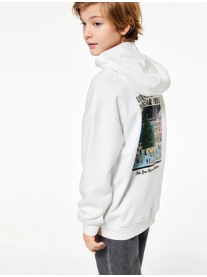 Koton Pamuklu Uzun Kollu Baskılı Oversize Kapşonlu Sweatshirt