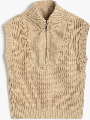 Örgü Süveter Yarım Fermuarlı Dik Yaka Ribanalı