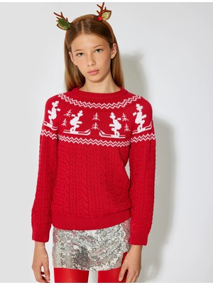 Triko Kazak Yuvarlak Yaka Uzun Kollu Desenli