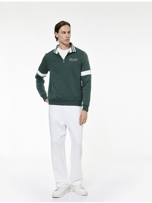 Koton Şardonlu Uzun Kollu Kolej Nakışlı Renk Kontrastlı Yarım Fermuarlı Sweatshirt