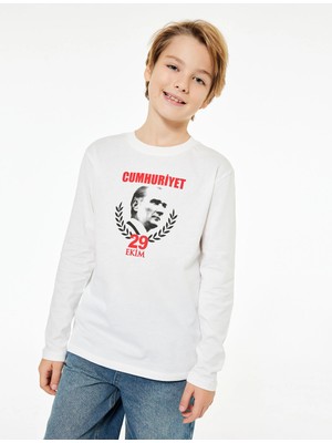 Pamuklu Uzun Kollu Bisiklet Yaka Cumhuriyet ve Atatürk Baskılı Tişört