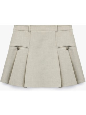 Cep Detaylı A Kesim Pileli Mini Etek