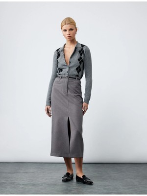 Koton Önden Yırtmaç Detaylı Cepli Kemerli Midi Boy Kalem Etek