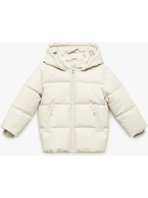 Kapşonlu Uzun Kollu Cepli Fermuarlı Şişme Mont