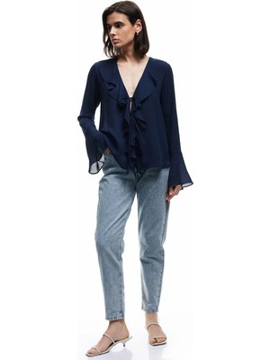 Koton Yüksek Bel Düğmeli Cepli Düz Paça Mom Fit Jean Pantolon - Mom Slim Jean