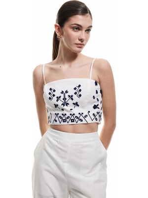 Slim Fit Pamuklu Etnik Desenli Ince Askılı Crop Büstiyer