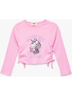 Koton Unicorn Baskılı Uzun Kollu Bisiklet Yaka Ribanalı Crop Tişört