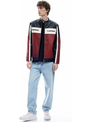 Mandarin Yaka Uzun Kollu Fermuarlı Deri Ceket