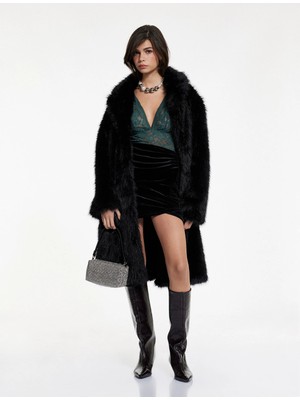 Koton Slim Fit Asimetrik Drapeli Kadife Mini Etek