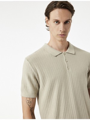 Regular Fit Kısa Kollu Pamuklu Dokulu Düğmeli Polo Yaka Triko Tişört