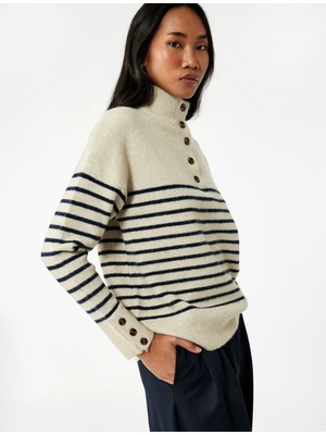 Koton Uzun Kollu Dik Yaka Yarım Düğmeli Triko Oversize Çizgili Kazak