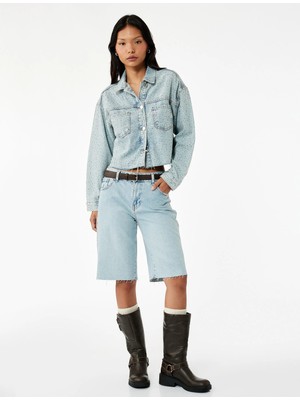 Cep Detaylı Düğmeli Klasik Yaka Taşlı Denim Ceket