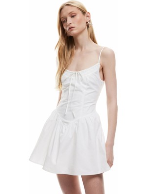 Koton Pamuklu Önden Bağlama Detaylı A Kesim Ince Askılı Mini Elbise