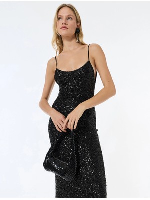 Koton Ip Askılı U Yaka Pullu Payetli Midi Abiye Elbise