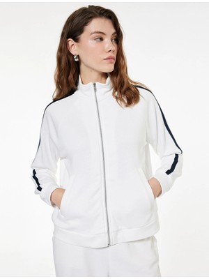 Koton Şerit Detaylı Dik Yaka Fermuarlı Beyaz Kadın Sweatshirt 6WAK10054EK