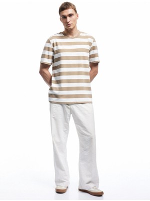 Regular Fit Kısa Kollu Çizgili Bisiklet Yaka Tişört