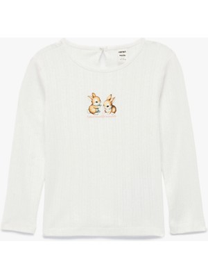 Koton Tavşan Baskılı Uzun Kollu Bisiklet Yaka Tişört