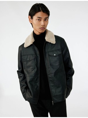 Koton Uzun Kollu Kapaklı Cep Detaylı Slim Fit Peluş Yaka Suni Deri Ceket