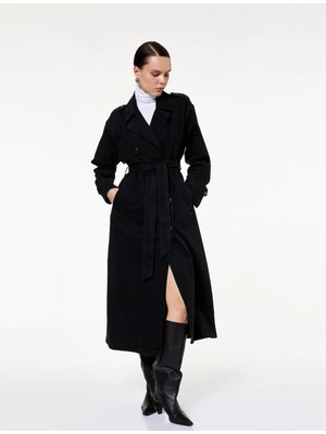 Koton Uzun Kollu Kruvaze Yaka Kemer Detaylı Uzun Denim Trençkot