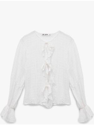 Koton Bağlamalı Yakalı Fırfırlı Fiyonklu Uzun Kollu Viskon Karışımlı Bluz