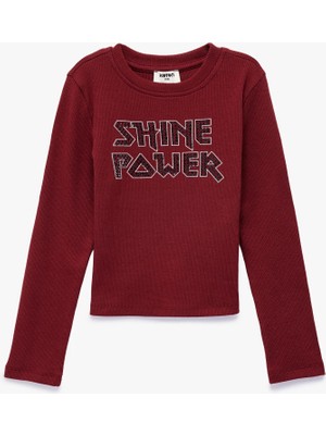 Koton Taş Detaylı Bisiklet Yaka Uzun Kollu Baskılı Pamuklu Tişört