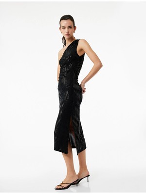 Pullu Payetli Kolsuz Pencere Detaylı Tek Omuz Uzun Abiye Elbise