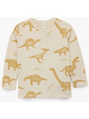 Uzun Kollu Bisiklet Yaka Dinozor Baskılı Pamuklu Tişört