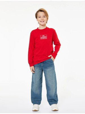 Pamuklu Uzun Kollu Bisiklet Yaka Cumhuriyet Baskılı Tişört