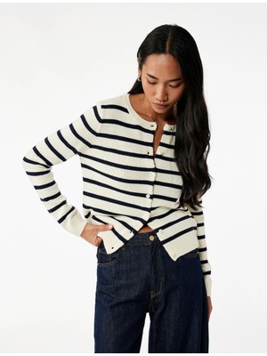 Koton Uzun Kollu Düğmeli Bisiklet Yaka Çizgili Triko Hırka