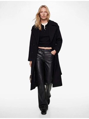 Koton Uzun Kollu Cepli Kruvaze Düğmeli Kemerli Kaşe Kaban