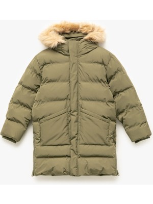 Koton Peluş Detaylı Uzun Kollu Fermuarlı Cepli Uzun Kapşonlu Şişme Mont