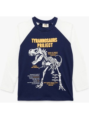 Uzun Kollu Bisiklet Yaka Dinozor Baskılı Pamuklu Tişört