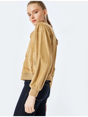 Suni Süet Çıt Çıt Düğmeli Cepli Bomber Ceket 5SAL20035IW - Koton - Açık Kahverengi - 34