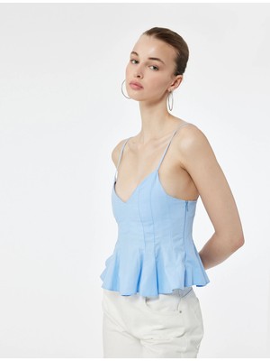 Koton Volanlı V Yaka Pamuklu Askılı Slim Fit Dikiş Detaylı Crop Bluz