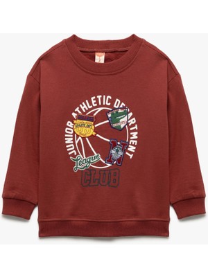 Şardonlu Uzun Kollu Bisiklet Yaka Pamuklu Baskılı Sweatshirt