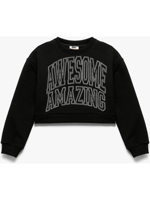 Şardonlu Uzun Kollu Bisiklet Yaka Taş Detaylı Sweatshirt