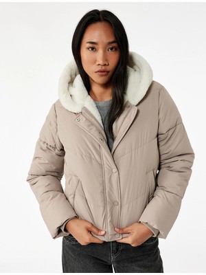 Koton Uzun Kollu Cepli Düğmeli Su Itici Kapüşonlu Içi Suni Kürklü Kısa Şişme Mont