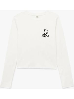 Bisiklet Yaka Uzun Kollu Pamuklu Atatürk Baskılı Tişört