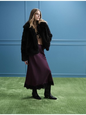 Koton Slim Fit Dantel Detaylı Midi Saten Etek