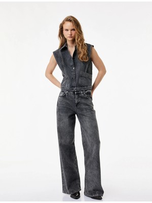 Koton Metal Aksesuarlı Düğmeli Kolsuz Klasik Yaka Denim Yelek