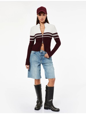 Dik Yaka Slim Fit Uzun Kollu Çizgili Fermuarlı Triko Hırka